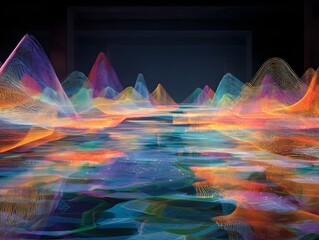 Vibrant abstract digital landscape with mountains and reflections
