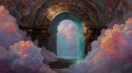 A fantastical arch portal leading to a cloud filled sky