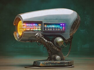 A futuristic retro robot with an array of digital controls and displays