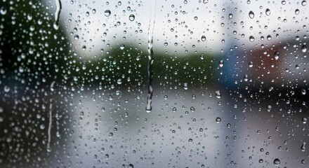 Obraz premium Close-up Rain Drops on Glass Window, Rainy Day Texture