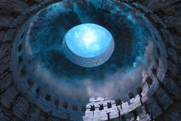 Mystical underground tunnel with a luminous blue light