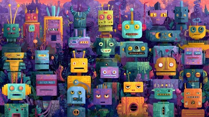A vibrant and whimsical collection of colorful robots and futuristic toys