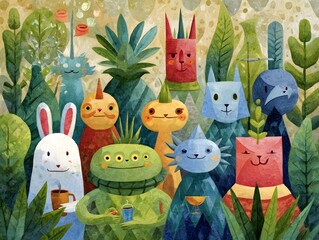Charming cartoon characters in a lush whimsical landscape