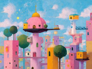 Vibrant Fantastical Architecture in a Dreamlike Landscape