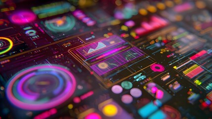 Closeup of a futuristic electronic circuit board  long title A detailed closeup view of a vibrant luminous electronic circuit board with various