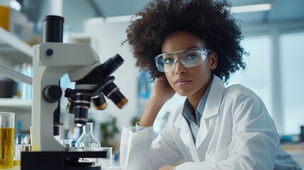 A young woman in a lab coat and protective eyewear, working with a microscope in a laboratory setting.