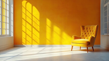 Sunlight Streaming into Golden Room with Armchair Creating Warm and Inviting Interior Design Concept Interior with Bright Ambiance