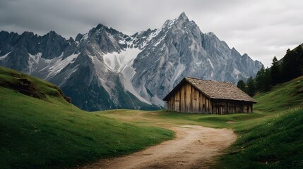 Majestic snow capped mountains and a cozy wooden cabin in a lush meadow