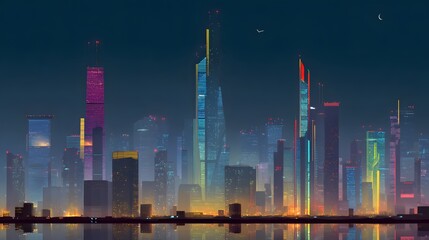 Vibrant cityscape with illuminated skyscrapers at night
