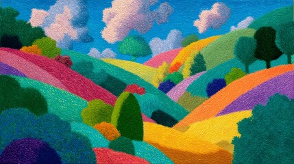 A vibrant colorful landscape of rolling hills and winding paths