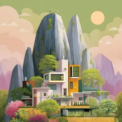 Futuristic architectural landscape with organic and geometric structures