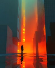 Solitary figure stands in a city at sunset