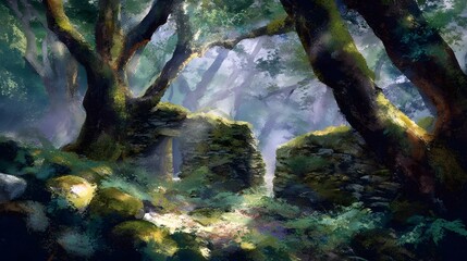 Enchanting mossy forest scene with a mysterious pathway