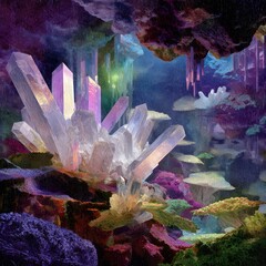 Enchanted crystal flora in a fantastical landscape