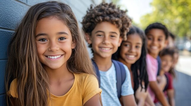 A diverse group of children standing in a row, smiling and looking at the camera. - Powered by Adobe