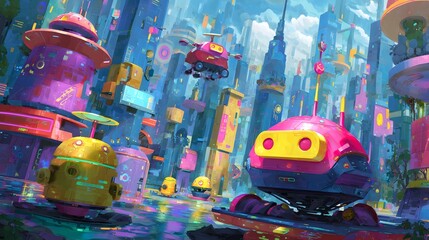 A futuristic neon lit city with hovering vehicles and skyscrapers