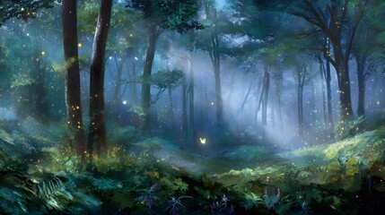 Mystical glowing forest at twilight