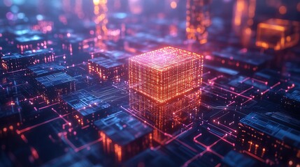 Fototapeta premium A glowing 3D blockchain ledger floating above a smart city 