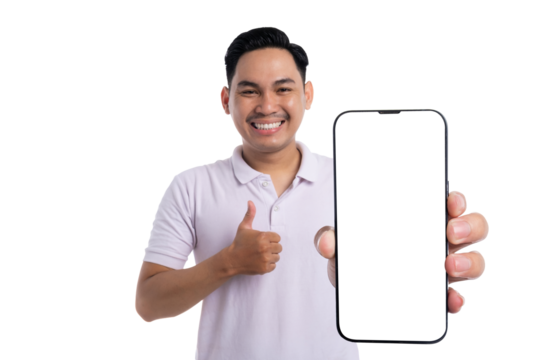 Smiling man showing smartphone with blank screen and giving thumbs up isolated on transparent background