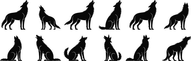 Collection of howling wolf silhouettes, wild animal in sitting and standing pose, vector clipart for forest, nature