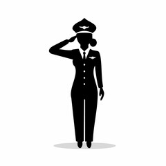 Obraz premium Silhouette of a female pilot saluting, wearing a cap and uniform, isolated