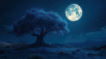 Majestic Ancient Tree Standing Silhouetted Against a Glowing Full Moon and Starry Night Peaceful Landscape