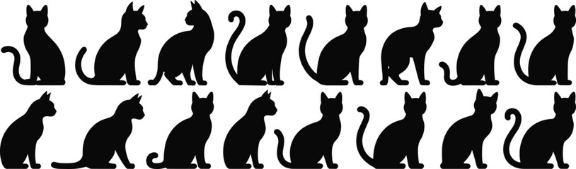 Cat silhouette vector set, black kitten clipart collection, pet animal graphics for stickers, design, print, t-shirt, and decoration.
