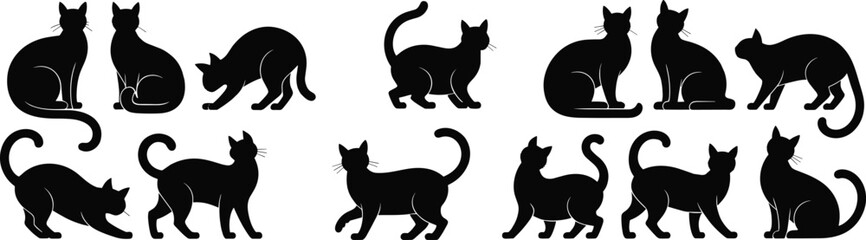 Cat silhouette vector collection, various feline poses for design, pet graphics, animal icons, black cat illustrations