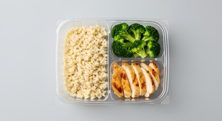 Overhead photo of a clean meal prep container with brown rice, grilled chicken, and broccoli, aligned neatly on a monochromatic background