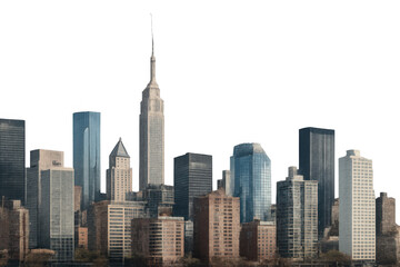 New york city skyline with empire state building dominating urban landscape, featuring skyscrapers, offices, and transparent background for easy integration