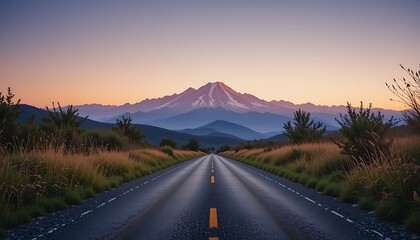 Long Empty Road Leading Towards a Majestic Mountain Range at Sunset or Sunrise - Journey, Freedom, and Adventure Concept