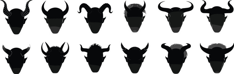 Bull horn head silhouette vector set, animal mask illustration, strong wild beast face icons, aggressive symbol,