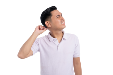 Young man scratching head and looking confused with uncertain facial expression isolated on transparent background