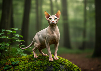Fototapeta premium Sphynx cat standing alert on a mossy rock in a dense forest