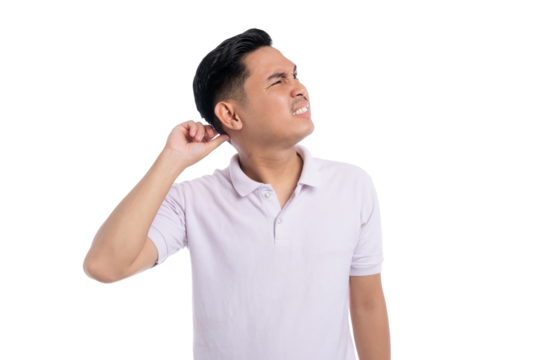 Young man scratching head and looking confused with uncertain facial expression isolated on transparent background