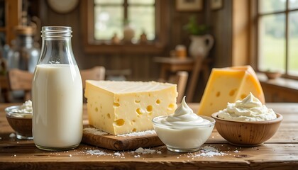 Assortment of Fresh Dairy Products Including Milk, Cheese, and Cream on a Rustic Wooden Table - Healthy Farm Food