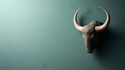 Gray Bull Head Decorated On Teal Wall
