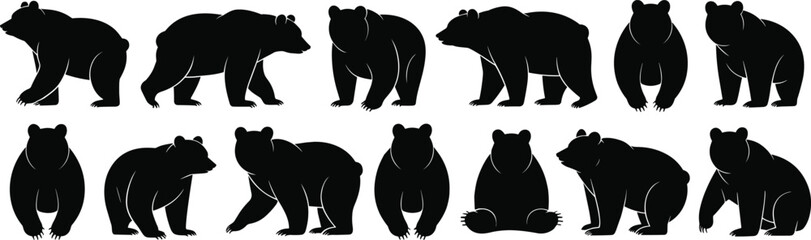 Bear silhouette vector collection, black bear standing poses, wild animal clipart design, strong grizzly illustration