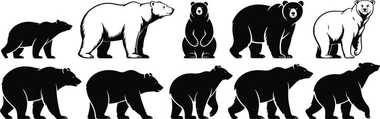Bear silhouette collection, black and white bear vector set for wildlife illustrations, animal graphic design, forest mammal art