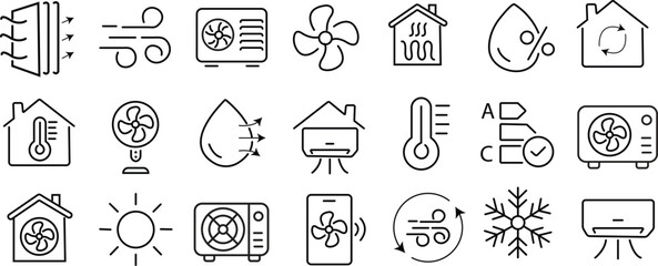 Air conditioner editable stroke outline icons set isolated on white background flat vector illustration. Pixel perfect. 64 x 64