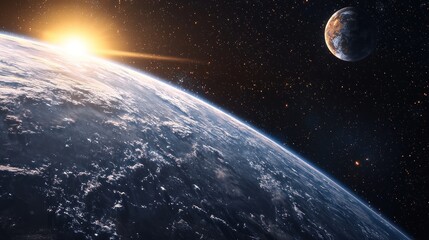 The Earth's surface with the sun rising, showcasing the planet's vastness and the cosmos beyond.