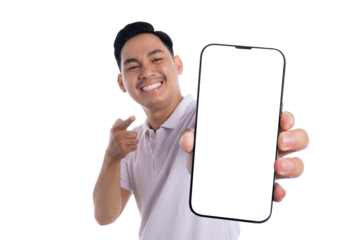 Cheerful young man pointing at blank smartphone screen and smiling isolated on transparent background