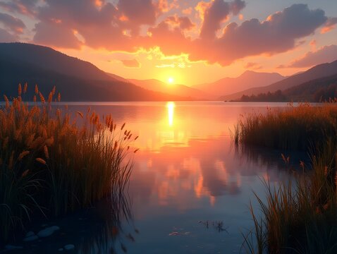 Tranquil Sunset Over Serene Lake with Vibrant Grasses for Nature Design