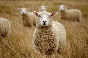 Obraz premium Sheep grazing peacefully in a lush Australian pasture during golden hour, Australia agriculture landscape Sheep pasture on grassland
