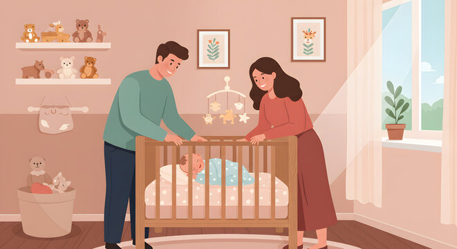 Family Adoring Their Newborn Baby in Cozy Nursery - Powered by Adobe