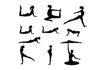 A set of silhouettes of yoga pose icons, gymnastic exercises. A vector image. Set of vector silhouettes of woman doing yoga exercises. Icons of flexible girl stretching her body in different yoga pose