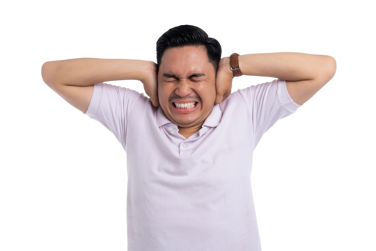 Asian man closing ears tightly with hands showing annoyed expression isolated on transparent background
