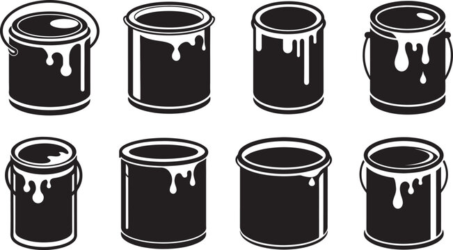 set of paint can silhouette, black and white silhouette, vector and&nbsp;illustration