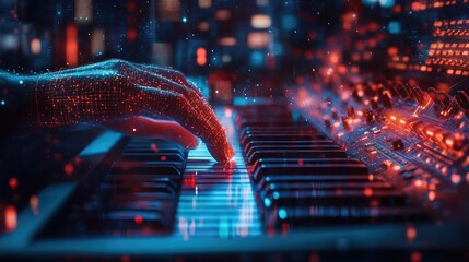 A futuristic self-learning AI music composer creating a symphony 