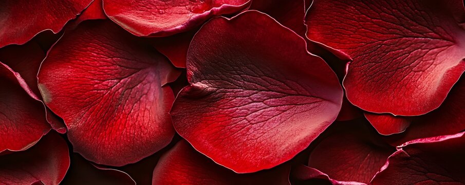 A close-up of red rose petals with intricate details and rich velvety texture